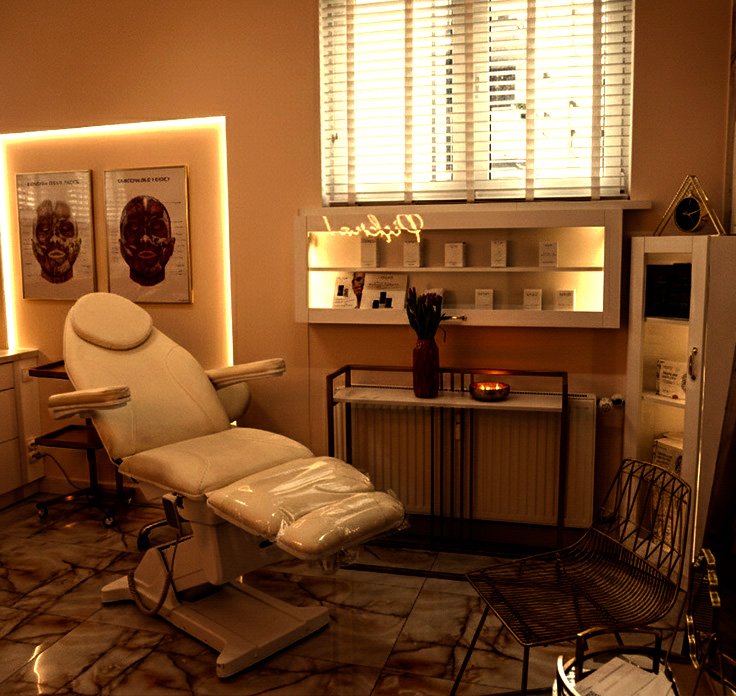 Gabinet kosmetyczny z fotelem zabiegowym, półkami z kosmetykami i dekoracjami na ścianach.